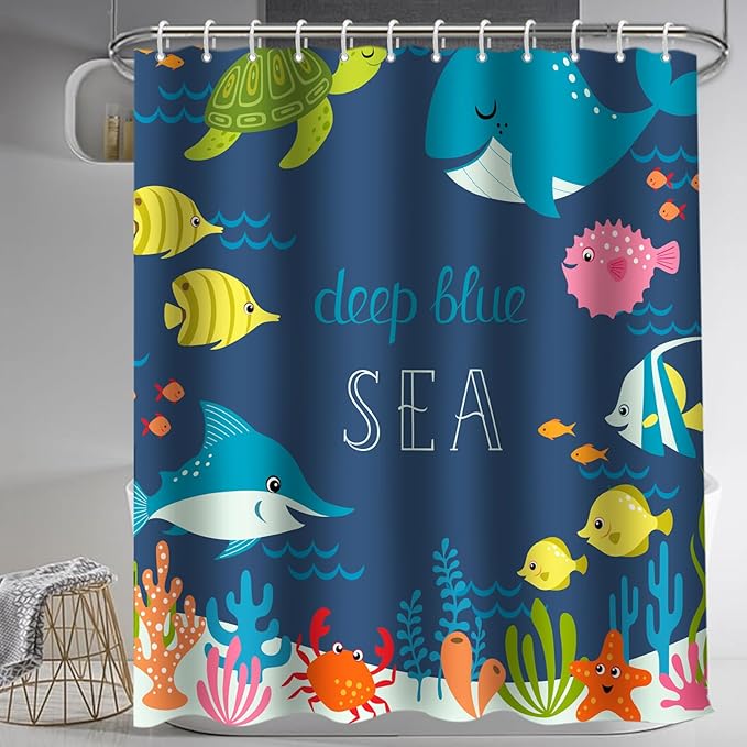 Lnond 4 Pcs Kids Bathroom Shower Curtain Set, Blue Sea Whales Bathroom Sets for Kids Bathroom Decoration with Shower Curtain, Non Slip Bathroom Rugs, Toilet Lid Cover, U Toilet Mat and 12 Hooks