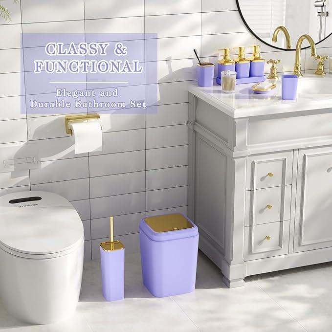 Bathroom Accessories Set - 27PC Bathroom Sets with Shower Curtain and Rugs, Purple Bathroom Set, Purple Bathroom Accessory Set with Trash Can, Toilet Brush & 3 PC Soap Dispensers