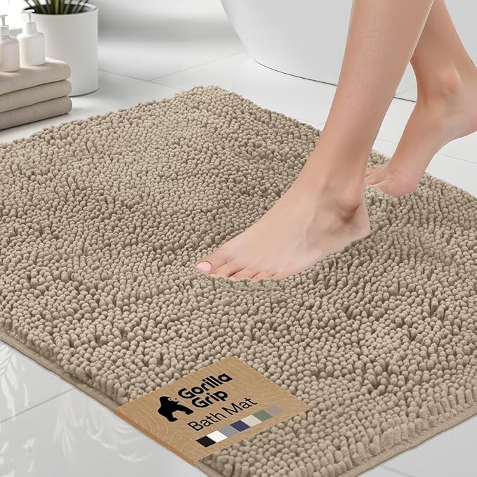 GORILLA GRIP Bath Rug Mat 60x17, Thick Absorbent Chenille, Quick Dry Microfiber Mats, Rubber Backing Washable Shower Floor Rugs, Bathmat Runner, US Designed Bathroom Home Decor Accessories Gray Beige