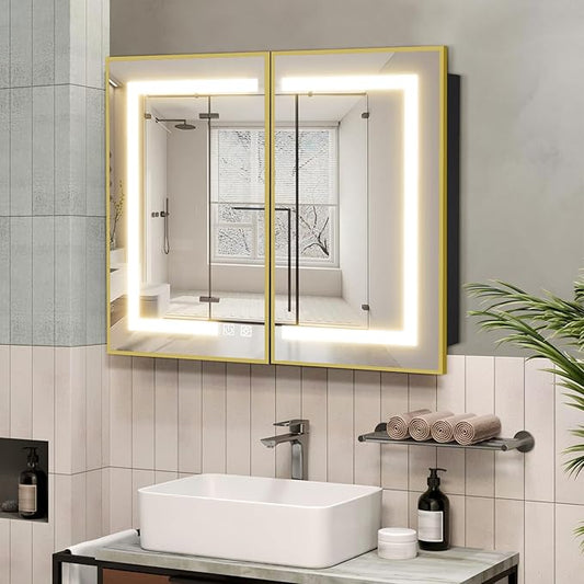 ROOMTEC Lighted Medicine Cabinet with Mirror 40"x32", Wall Mounted Bathroom Mirror with Storage, 2 Doors Bathroom Wall Cabinet with LED Lights,Gold