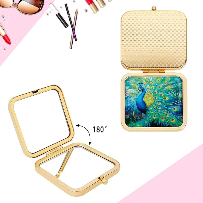 Magnifying Compact Peacock Cosmetic Mirror 2.8 Inch Square Handheld Travel Pocket Makeup Mirror Gold