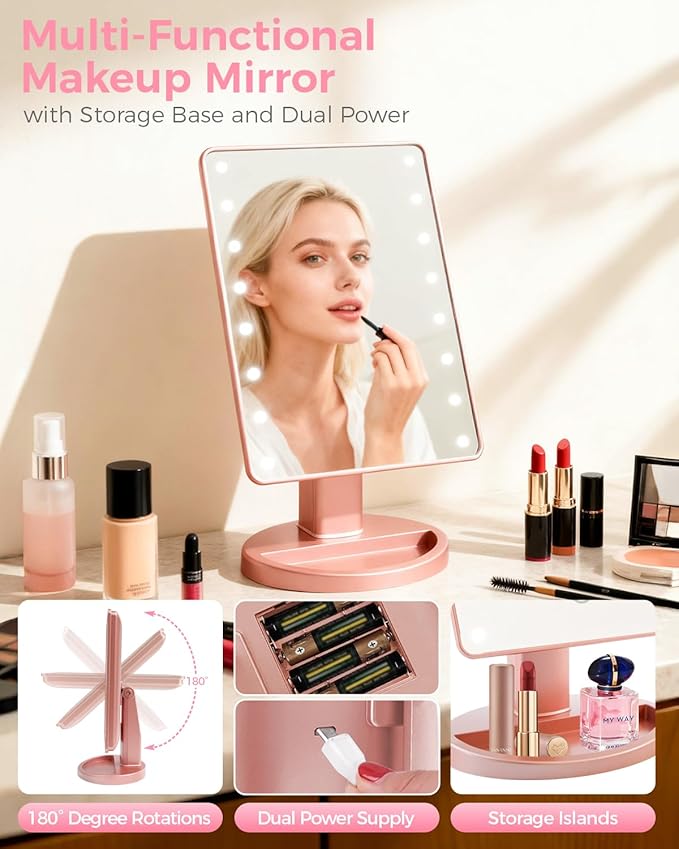 Lighted Makeup Mirror with Lights, Vanity Mirror with Lights, 16 LEDS Dimmable Desk Mirror with Light, Dual Power Supply, Gifts for Teenage Girls, Dorm Room Essentials for College Student (Rose Gold)