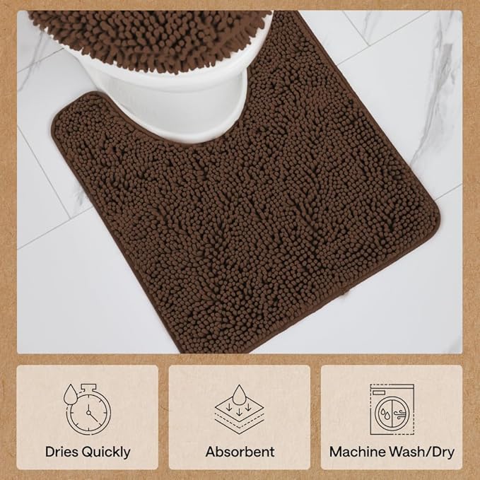 GORILLA GRIP Plush Absorbent Shaggy Chenille Bath Rug Mat for Oval Toilet Base with Rubber Backing, Machine Washable Rugs, Soft Microfiber Contour Mats for Toilets, Bathroom Decor, Brown