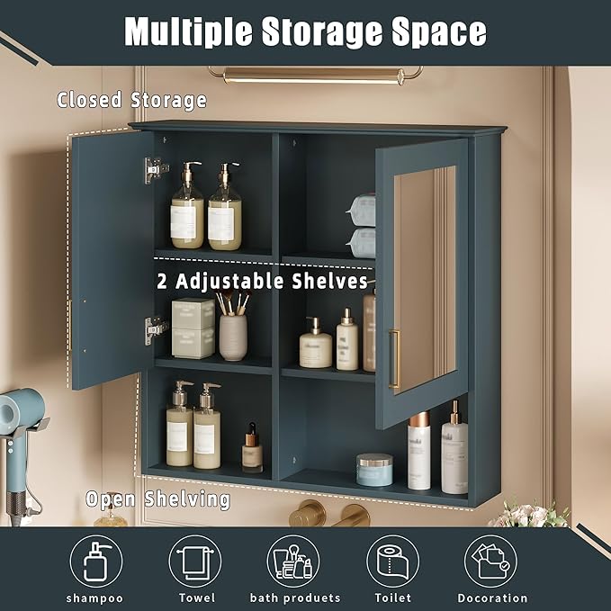 Bathroom Mirror Cabinet, 30 inch Wall Mounted with Adjustable Shelves & Soft Close Doors, High-Define Mirror with Storage