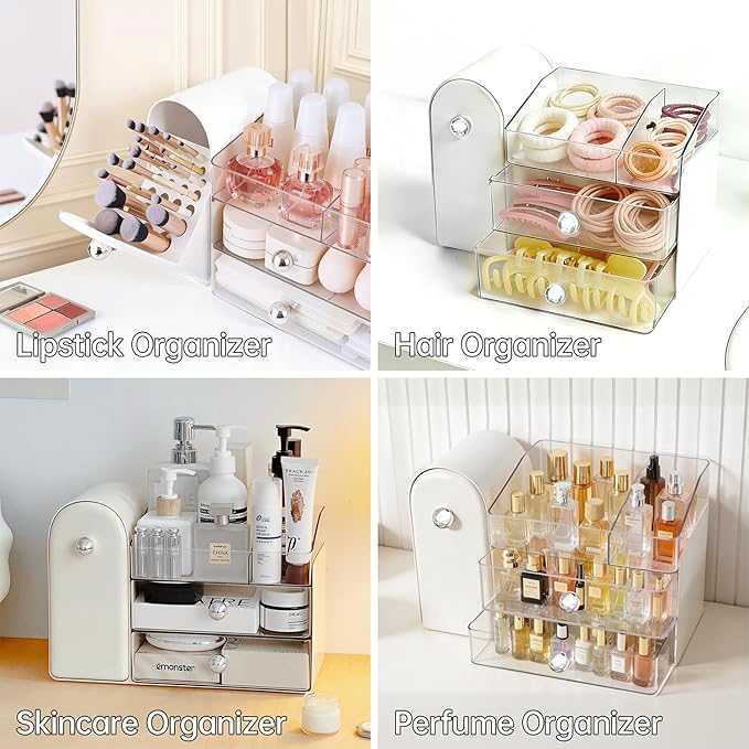 Makeup Organizer with Brush Holder, Large Cosmetic Storage with 2 Drawers, Skincare Organizer for Bathroom Countertop, Vanity Organizer for Lipstick, Perfume, Nail Polish, Beauty Gifts (White)