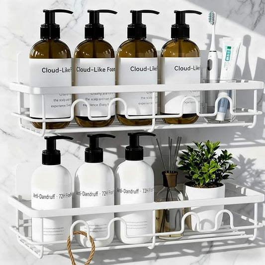 Adhesive Shower Caddy, Large Capacity Shower Racks for Inside Shower, No Drill Bathroom Shower Organizer and Storage, 2 Pack White Bathroom Shelves, Home Decor Rv Accessories, Apartment