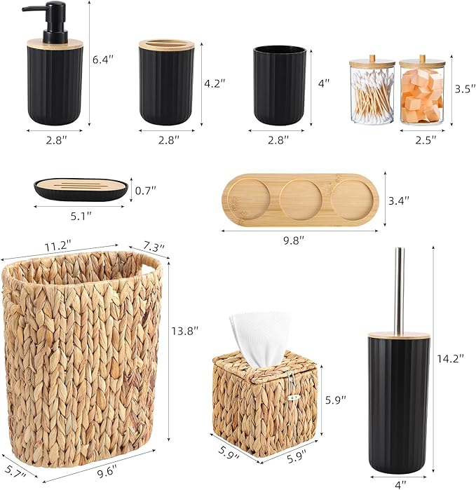 Bathroom Accessory Set, 10 Pieces Bath Set- Wicker Trash Can Tissue Box Soap Dish Toothbrush Holder Rinse Cup Lotion Bottle Toilet Brush Qtip Holder - Practical Bathroom Decor Sets (Ratten, Black)