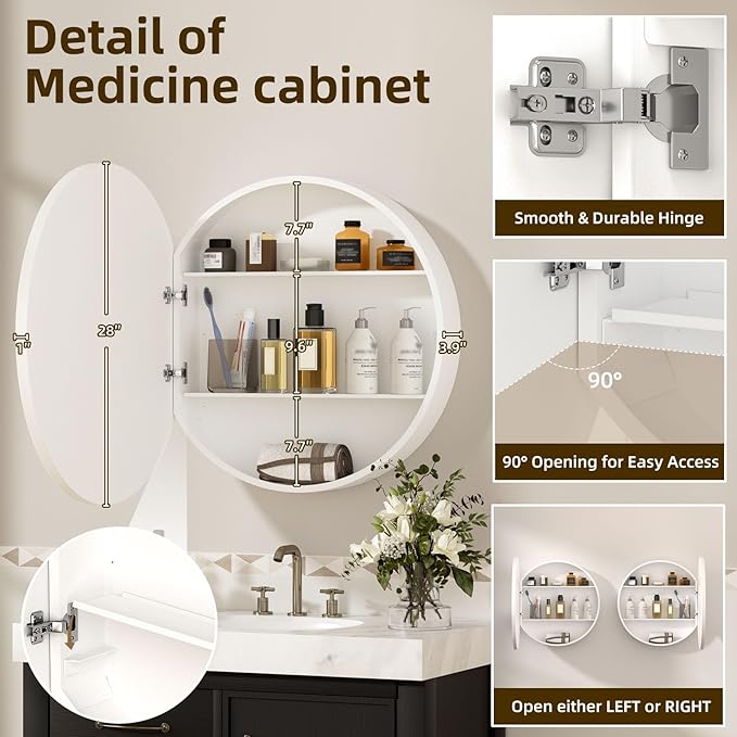 28 x 28 Inch Round Medicine Cabinet with Mirror,White Circular Bathroom Cabinet Wall Mounted,Metal Framed Mirror Medicine Cabinet with Adjustable Shelves for Bathroom Vanity