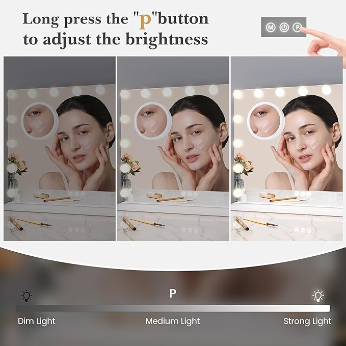 Vanity Mirror with Lights, 23" x 18" Makeup Mirror with Lights, Hollywood Lighted Vanity Mirrors with 15 Dimmable LED Bulbs, 3 Color Modes, Light up Mirror with Touch Control for Bedroom, Tabletop
