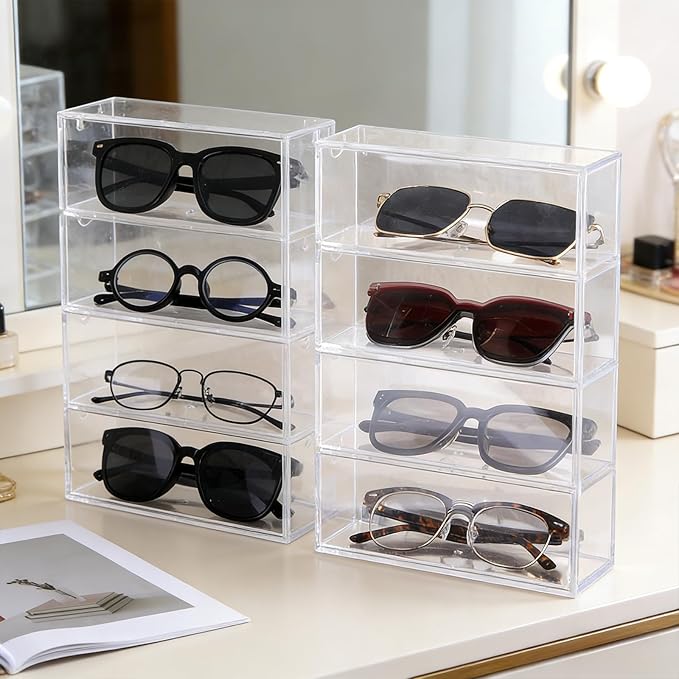 2PCS Sunglass Organizer Clear Acrylic Organizer, 9.65*6.89*2.56 Inch Plastic Stackable Eyeglass Case Storage Organizers with 4 Drawers, Glasses Organizers for Women for Glasses Jewelry Watch Storage