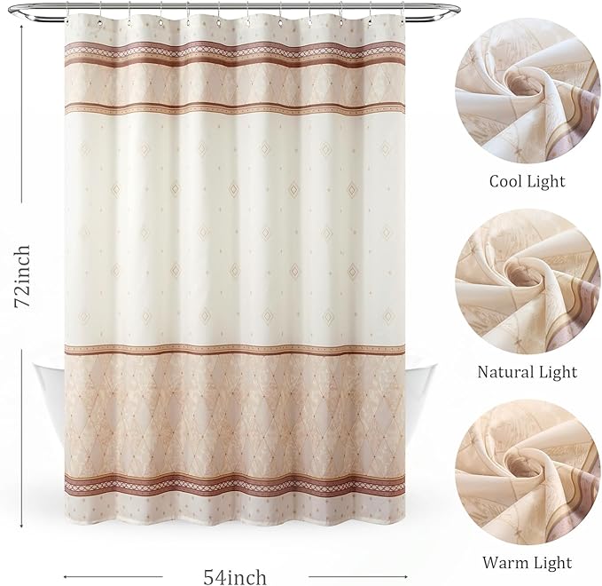 Fabric Shower Curtain, Narrow Width Beige Brown Stripe Waterproof Curtain for Tub or Stall，54" W x 72" H