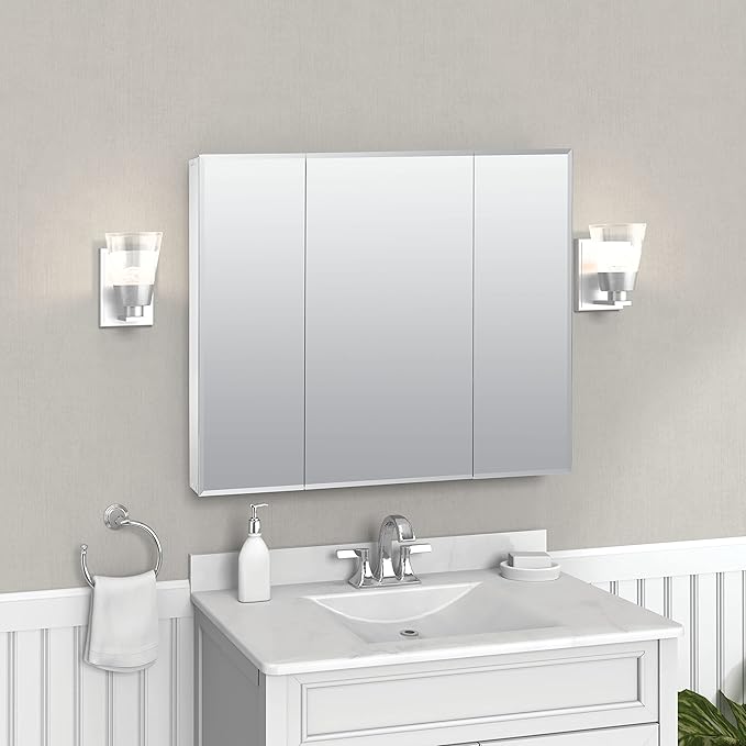 Zenith 29.75 in. W Beveled Tri-View Frameless Medicine Cabinet, Bathroom, White, Mirrored