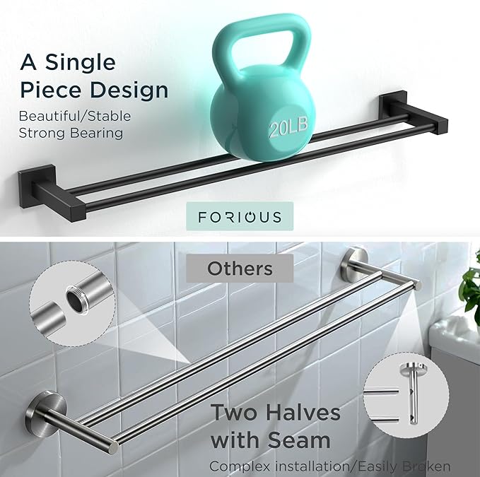 FORIOUS Black Double Towel Bar 24 Inch, Double Towel Racks for Bathroom Wall, Heavy Duty SUS304 Stainless Steel Square Dual Towel Bar Wall Mount, Matte Black