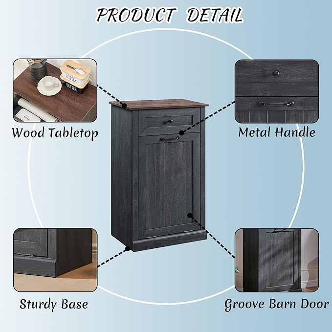 IFBUY Tilt Out Laundry Hamper Cabinet, 10 Gallon Farmhouse Trash Can Cabinet with Drawer, Hidden Wood Garbage Can Bin Cabinet with Laundry Storage Basket for Bathroom, Kitchen, Dark Grey
