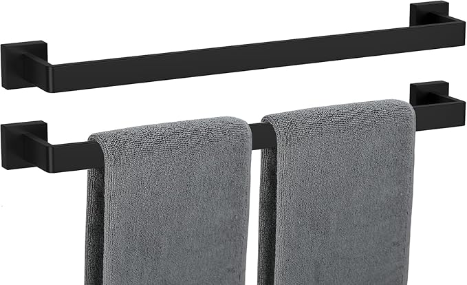Towel Bar 2 Pack for Bathroom 24 Inch Matte Black Towel Holder 12/16/20/24/28/32/36 Inch Stainless Steel SUS304 Rustproof Towel Rack Modern Square Towel Rod for Bathroom Wall(2, Matte Black, 24 Inch)