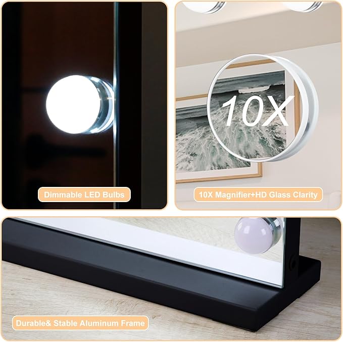 Moonee Black Vanity Mirror with Lights, Hollywood Lighted Makeup Mirror with 15 Dimmable Bulbs and 10X Magnification, 3 Colors Modes, Aluminum Metal Frame, Light Up Mirror for Tabletop/Wall（23" x 18"）