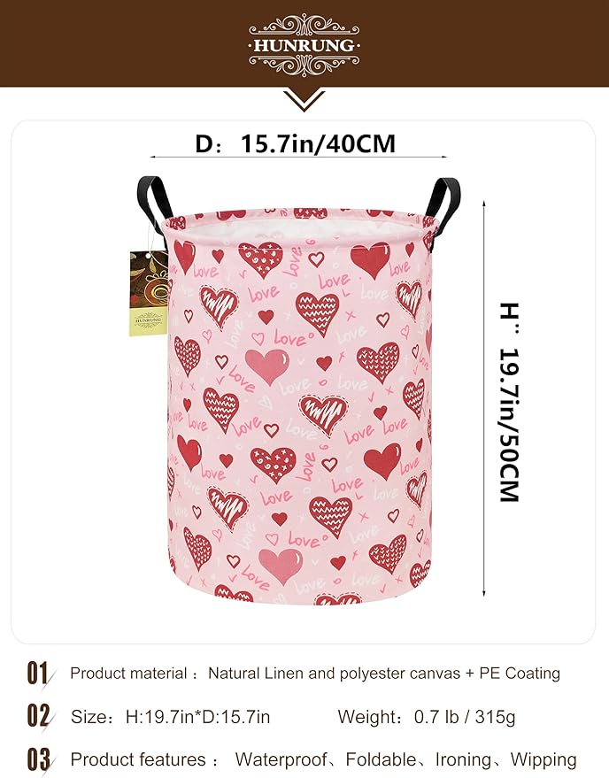 HUNRUNG Laundry Hamper,Large Canvas Fabric Lightweight Storage Basket Toy Organizer Dirty Clothes Collapsible Waterproof for College Dorms???Round-Pink Love Heart???