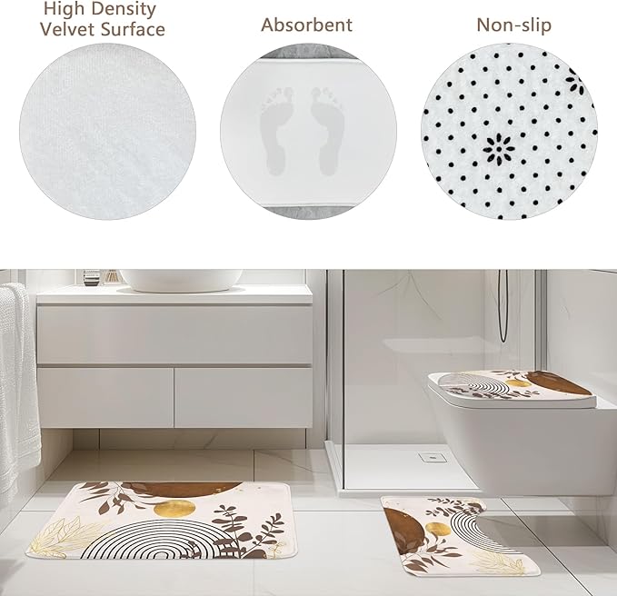 Riyidecor Brown Boho Mid Century 4Pcs Bathroom Shower Curtain Sets Modern Abstract Gold Bathroom Decor Set with Rugs and Accessories Minimalist Toilet Lid Rug, Contour and Bath Mat with 12 Hooks