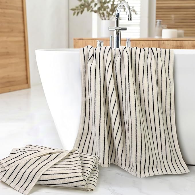 Jacquotha Black and Ivory Striped Bath Towels Set of 2, Lighter & Quick Dry Towels Large 27.5 x 55 inches, Farmhouse for Bathroom, Pool, Shower