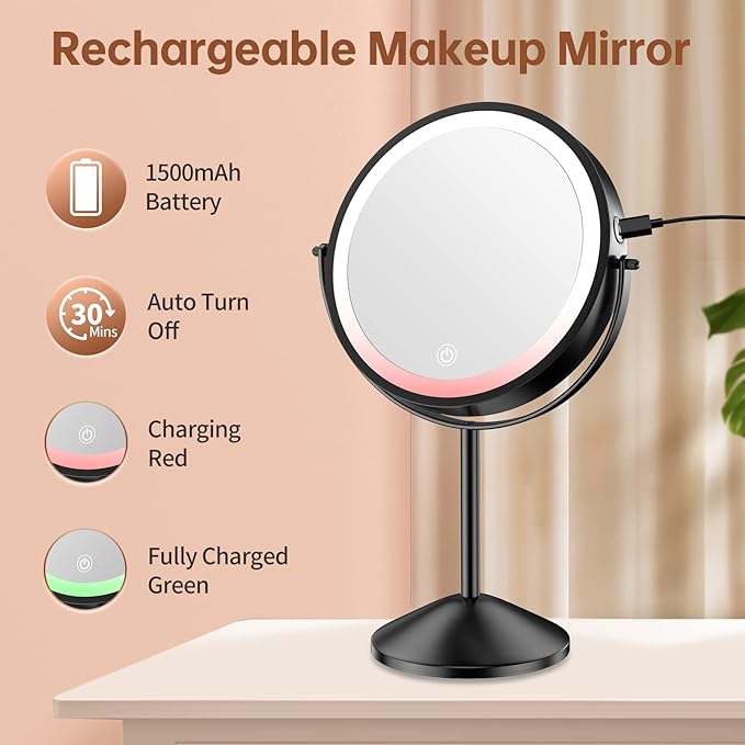 Benbilry 8 Inch Lighted Makeup Vanity Mirror with Lights 3 Color Dimmable, 1X/10X Magnifying Rechargeable Double Sided Light Up Cosmetic Mirror, 360° Swivel Cordless Standing, Black