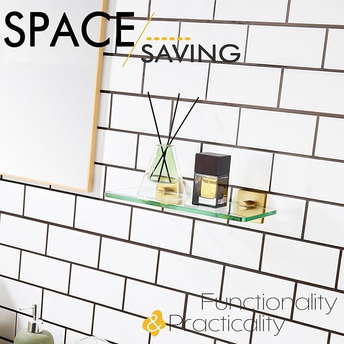 KOKOSIRI Wall Shelves 12 Inches Tempered Glass Shelf Floating Rack for Kitchen Storage Home Decor Bathroom Hardware, Gold Stainless Steel B1107BG-L12