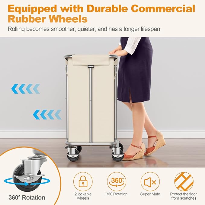 Hodonas Laundry Basket with Wheels, 115L Rolling Laundry Hamper Large Dirty Clothes Hamper Cart with Steel Frame and Removable Bag, Bedroom Bathroom Dorm Room Laundry Room Organization Hampers, Beige