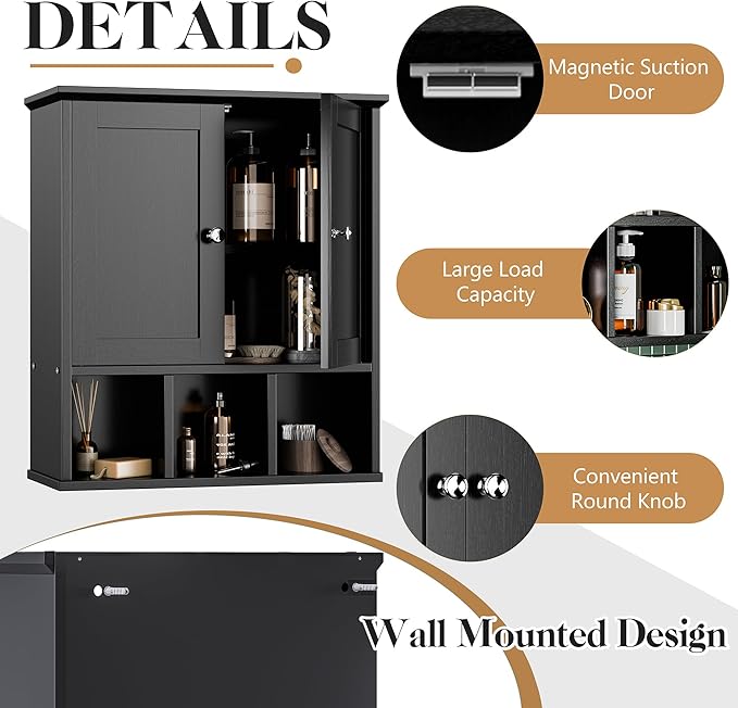 Meilocar Bathroom Wall Cabinet, Bathroom Cabinet Wall Mount with 2 Doors and 3 Open Shelves, Over The Toilet Wood Medicine Cabinets for Laundry Room, Black