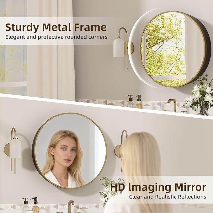 24 x 24 Inch Round Medicine Cabinet Mirror Gold,Circular Bathroom Mirror with Storage Wall Mounted,Metal Framed Medicine Cabinets with Tempered Glass Adjustable Shelves for Bathroom Vanity