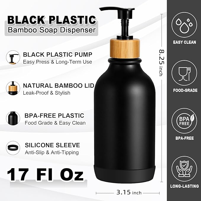 KASUNTING Hand Soap Dispenser Bathroom with Anti-Slip Silicone Boot, Black Dish Soap Dispenser for Kitchen, 2 Pack 17 Fl Oz Plastic Hand and Dish Soap Dispensers Set with Bamboo Pump