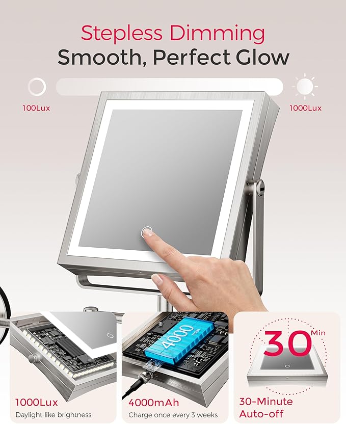 Rechargeable Wall Mounted Makeup Mirror with Lights, 4000mAh Double Sided 1X/10X Magnifying Vanity Mirror with 3 Color Lights, Touch Dimmable, 360° Extension Foldable Arm(Brushed Nickel）
