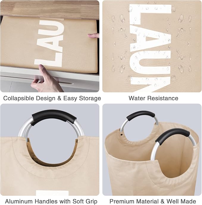 115L Large Laundry Basket with Handles, Collapsible Laundry Hamper Bag, Tall Freestanding Dirty Clothes Hampers, Foldable Fabric Laundry Bin for Laundry, Dorm, College (Khaki, XL)