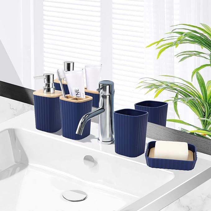 XLHOMO Blue Bathroom Set - Navy Blue Bathroom Accessories Set with with Trash Can,Toothbrush Holder,Toothbrush Cup,Soap Dispenser,Tray,Soap Dish,Toilet Brush,Qtip Holders for Bathroom Home Decor