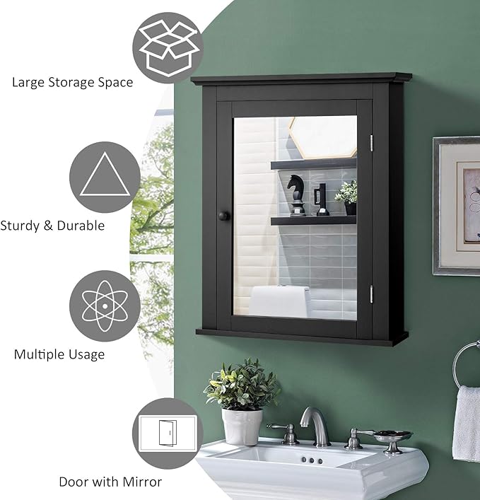 Tangkula Bathroom Cabinet with Mirror, Mirrored Wall-Mounted Storage Medicine Cabinet w/Single Door & Adjustable Shelf in 5 Positions, Multipurpose Wall Cabinet for Bathroom (Black)