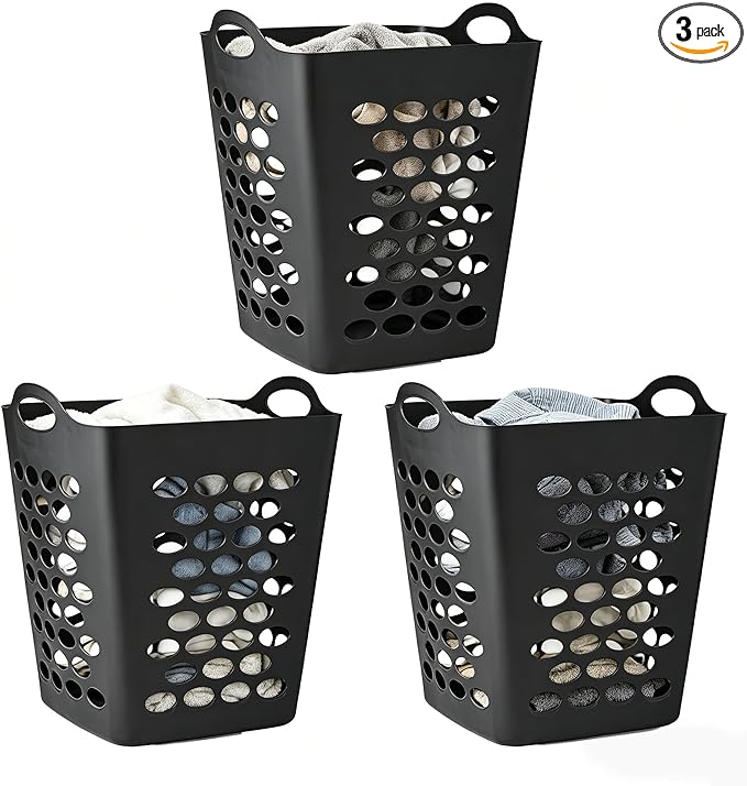 Square Laundry Hamper with Handles – Large Capacity Plastic Laundry Basket, Space-Saving Design with Ventilation Holes, Black