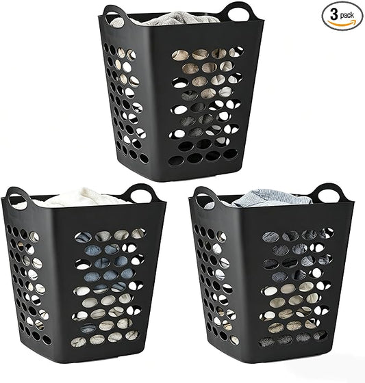 Square Laundry Hamper with Handles – Large Capacity Plastic Laundry Basket, Space-Saving Design with Ventilation Holes, Black