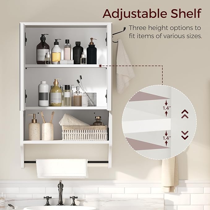 MAHANCRIS Bathroom Wall Cabinet with Mirror, Medicine Cabinet with 2 Door and Adjustable Shelf, Wall Mounted Over The Toilet Storage Cabinet with Towel Bar for Bathroom Laundry Room Kitchen, White