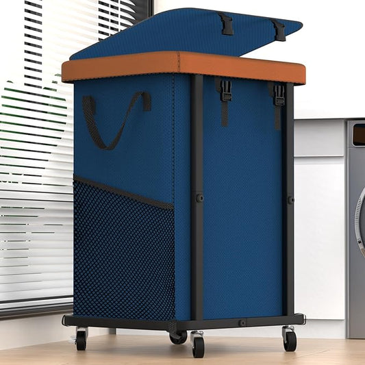 150L (40 Gal) Large Fashion Laundry Basket with Wheels, Leather Patchwork Rolling Hamper Carts, Sturdy Metal Frame, Removable Washable Bag, Tall Clothes Sorter for Bedroom, Laundry Room - Navy Blue