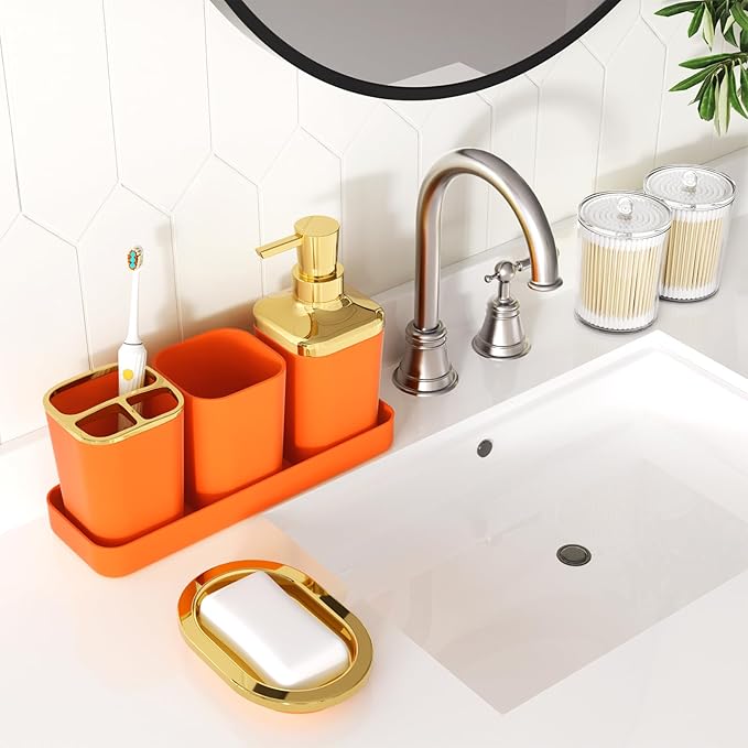 XLHOMO Bathroom Accessories Set - Luxury Orange Bathroom Set, 9 Pieces Bathroom Accessory Set, Orange Bathroom Accessories with Trash Can, Toilet Brush & Soap Dispenser