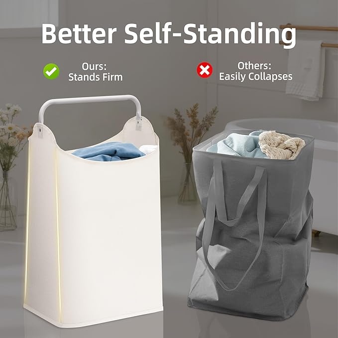 STORAGE MANIAC Large Laundry Hamper with Sturdy Metal Handle, Collapsible Laundry Basket, Freestanding Waterproof Clothes Hamper for Laundry Room, Bedroom, Dorm, Towels, Toys, White
