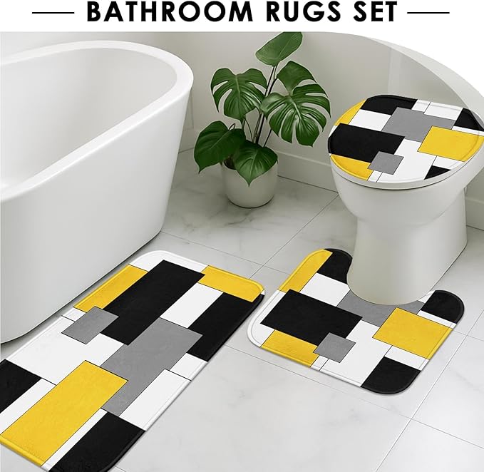 Yellow Geometric Shower Curtain Set with Toilet Lid Cover and Non-Slip Rugs for Bathroom, Black White Grey Checkered 4 Pcs Shower Curtain, Modern Abstract Bathroom Set with 12 Hooks