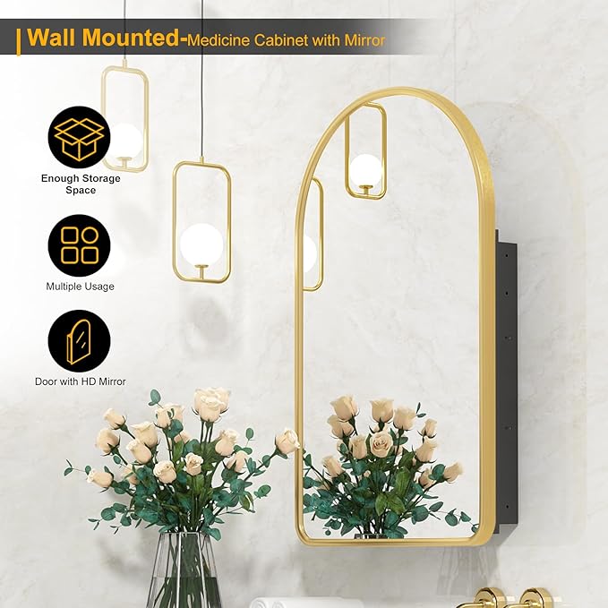 Arched Medicine Cabinet with Mirror,Recessed Medicine Cabinet,Gold Bathroom Arch Mirror Cabinet,Metal Framed Arch Medicine Cabinet Surface Mount,20x31Inch
