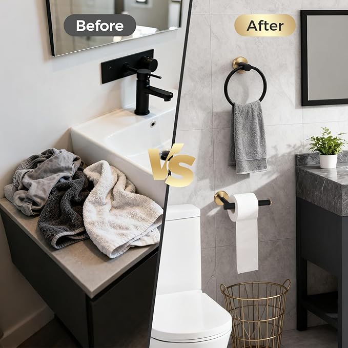 7 Pcs Bathroom Hardware Accessory Set, Stainless Steel Towel Racks for Bathroom, Black and Gold Bathroom Accessories，Modern Luxury Bathroom Towel Holder & Toilet Paper Holder