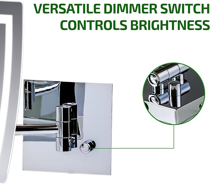 OVENTE Wall Mounted Rectangular Lighted Makeup Mirror with 7X Magnification, AC Adapter, 7'' Bathroom Vanity Mirror, Dimmable White LED Lights, 17" Extendable Folding Arm, Polished Chrome MSWA6387CH7X