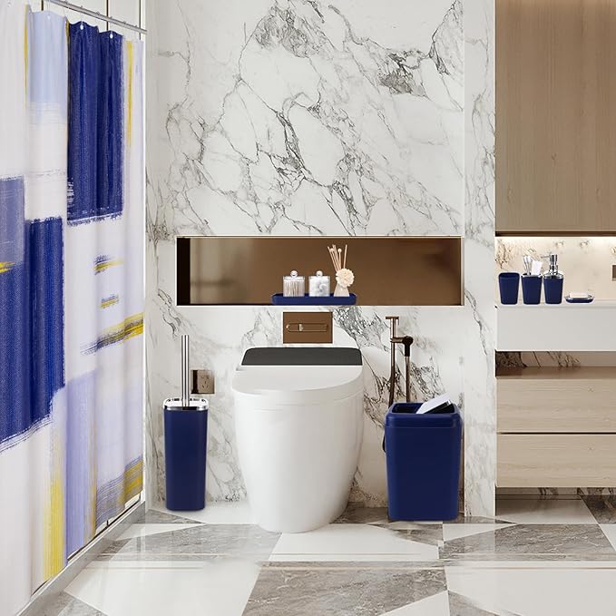 XLHOMO Blue Bathroom Accessories Set, Bathroom Sets with Shower Curtain, Navy Blue Bathroom Accessories with Trash Can, Soap Dispenser, Soap Dish, Toilet Brush Holder, Qtip Holders for Bathroom