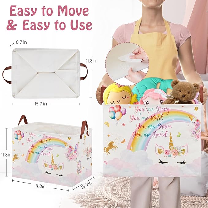 Unicorn Gift Bag Pink Kids Laundry Basket Rainbow Cloud Unicorn Nursery Decor Laundry Hamper ,Room Decor for Girls Bedroom, Rectangular Storage Box Cute Shelf Basket Clothes Book Toy Box Bin