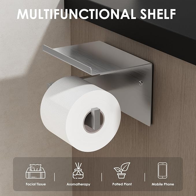 Auxmir No Drilling Self Adhesive Toilet Paper Holder, Premium Rustproof SUS304 Stainless Steel Roll Holder Wall Mount Tissue Holder for Bathroom Kitchen Washroom, Toilet Paper Holder with Shelf-Silver