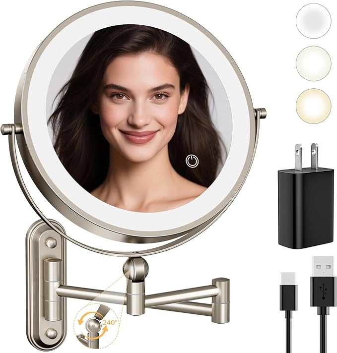 9" Wall Mounted LED Lighted Makeup Vanity Mirror - 4000mAh Rechargeable Double Sided 1X/30X Magnifying Mirror, 3 Color Lights Touch Dimmable, Height Adjustable Extended Arm 360° Swivel Bathroom Mirror