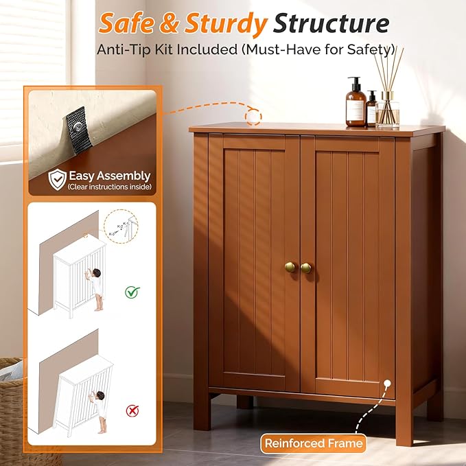 Bonnlo Free Standing Bathroom Storage Cabinet, Rustic Brown Floor Cabinet with Doors, Small Wooden Accent Sideboard Console for Entryway, Kitchen, Living Room Organization, 31.5" H