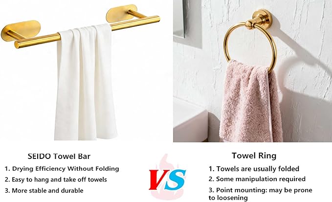 SEIDO Adhesive Towel Bar, 16 Inch Gold Towel Bar for Bathroom, Stainless Steel Towel Racks for Bathroom, No Drilling Needed, Brushed Gold