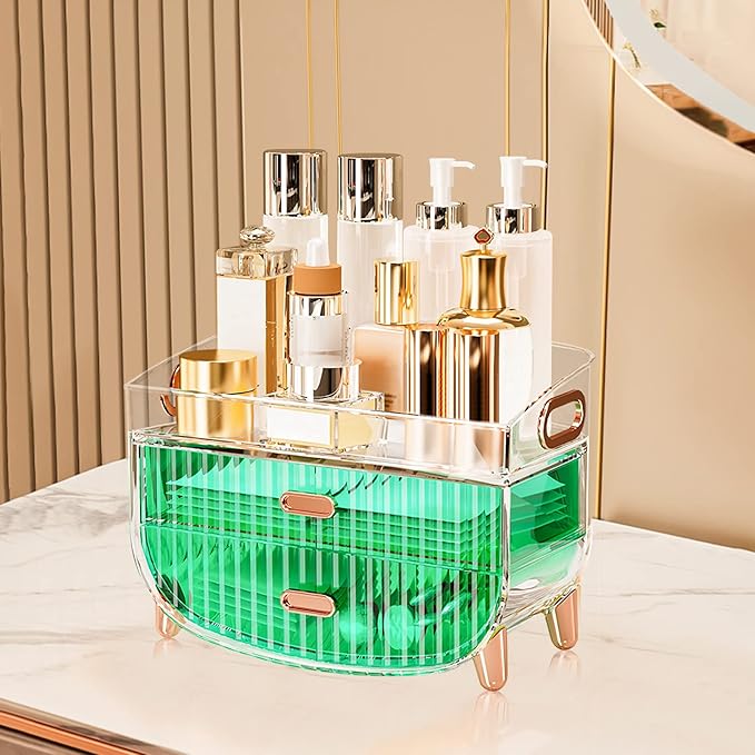 Ergocar Portable Transparent PET Series Multi-Function Make Up Case Dustproof Cosmetic Storage Box, Cosmetics Skin Care Products Jewelry Organizer Case Lipstick Box - Green Two Layers
